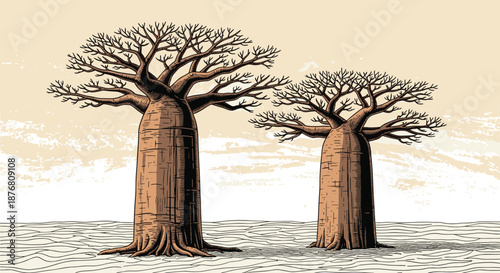 Pair of ancient baobab trees stands prominently in a vast landscape depicted in a vintage woodcut or engraving style with natural tones.