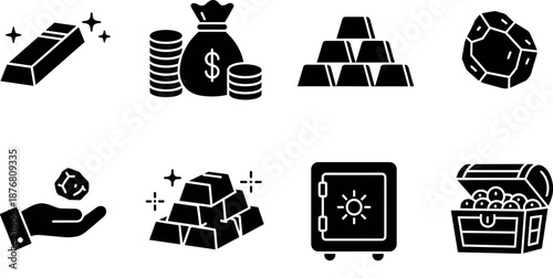 Black Solid Wealth and Treasure Icon Set Featuring Gold Bars, Coins, Money Bag, Gems, Safe and Treasure Chest