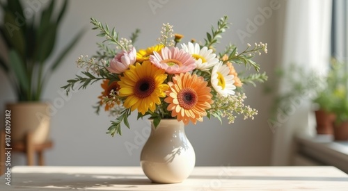 Vase with flowers on a table in front of a window
