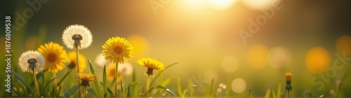 Many yellow flowers in the grass with the sun in the background