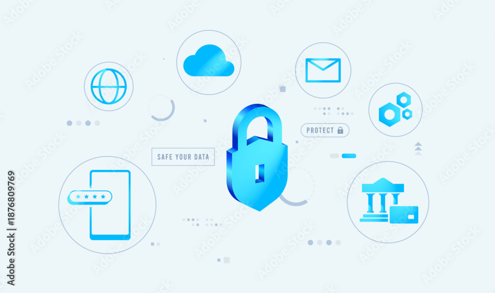 Naklejka premium Integrated cybersecurity network. Minimalist 3D padlock with digital cloud and banking safety icons. cybersecurity ecosystem featuring a central 3D padlock with cloud, banking, and mobile data icons. 
