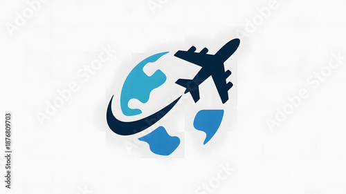 Airplane flying around the earth in a stylized blue graphic