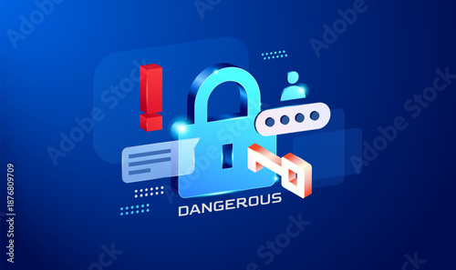 Dangerous Security Alert and Cyber Threat 3D Illustration. Futuristic padlock and key for cybersecurity risk management. lock and warning symbols, perfect for cybersecurity apps, login safety, and web