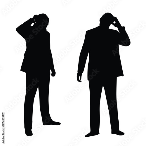 Confused Business Man Silhouette Scratching Head and Thinking. People expressing emotions and being perplexed while working vector art