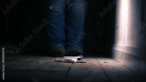 Addict throws bag of Illegal drugs to floor in abandoned house