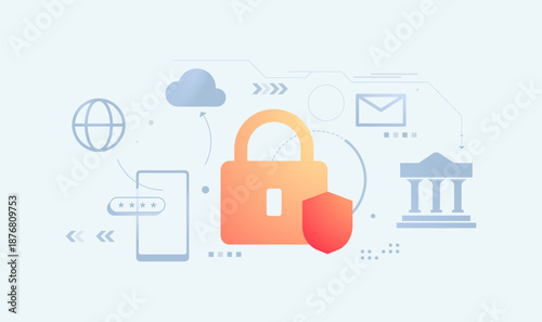 Integrated data security and protection. featuring a central orange padlock and red shield with integrated digital icons for banking, cloud, and mobile privacy. Minimalist vector for cybersecurity