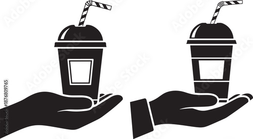 Two hands holding drink silhouette on white background