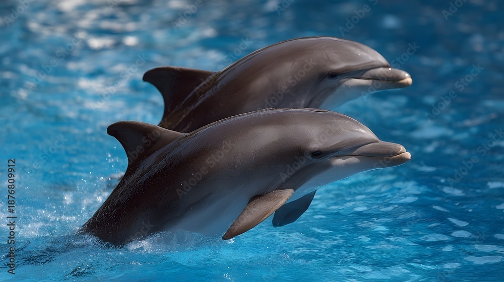 Fototapeta premium Two dolphins leaping from sunlit blue water creating dynamic splashes