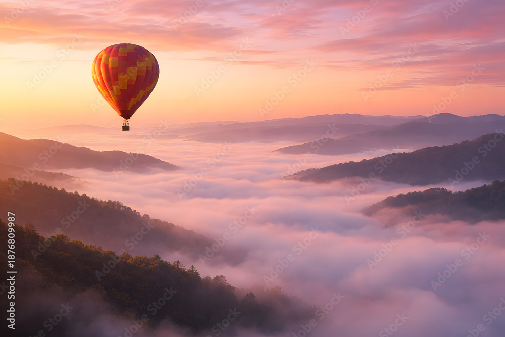 Fototapeta premium Hot air balloon floating above misty mountain valley at sunrise
