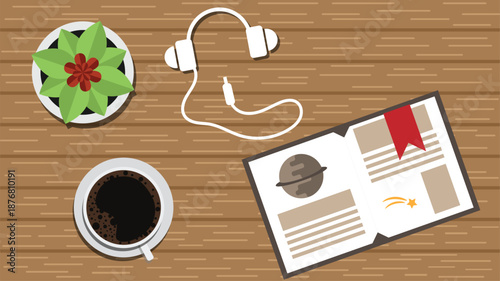 Leisure Time Wooden Table with Science Encyclopedia Book and Coffee. Studying at a university or part time reading vector art