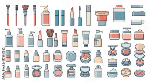 Comprehensive set of various makeup and skincare products like brushes, lipsticks, and bottles displayed in a clean and minimal vector style.