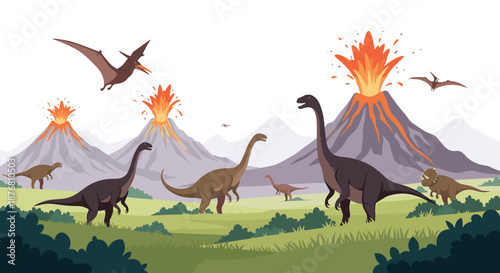 Prehistoric landscape featuring different dinosaurs roaming a green field with active volcanoes erupting in the background in a pixel art.