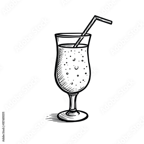 Cocktail glass with straw and bubbles in sketch style  