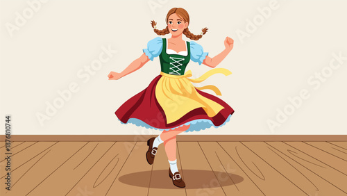 Vector illustration of a German woman practicing traditional folk dance indoors, cultural movement activity expressing heritage, rhythm, and classic European lifestyle