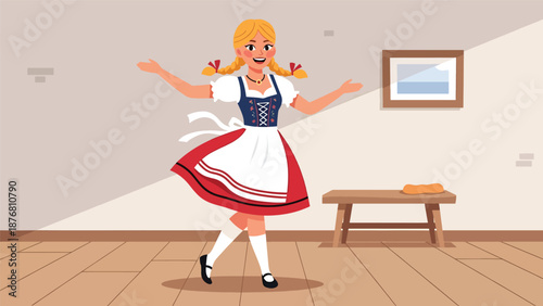 Vector illustration of a German woman practicing traditional folk dance indoors, cultural movement activity expressing heritage, rhythm, and classic European lifestyle