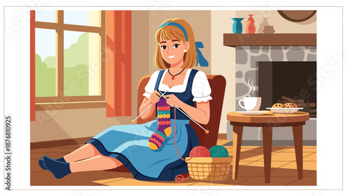 Vector illustration of a German woman knitting wool socks near a window, traditional handmade craft activity reflecting calm lifestyle and cultural heritage