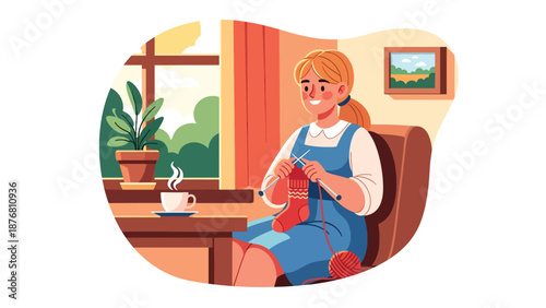 Vector illustration of a German woman knitting wool socks near a window, traditional handmade craft activity reflecting calm lifestyle and cultural heritage