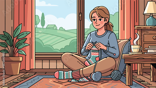 Vector illustration of a German woman knitting wool socks near a window, traditional handmade craft activity reflecting calm lifestyle and cultural heritage