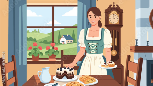 Flat vector illustration of a German woman serving homemade pastries while wearing traditional inspired clothing, hospitality and cultural lifestyle concept