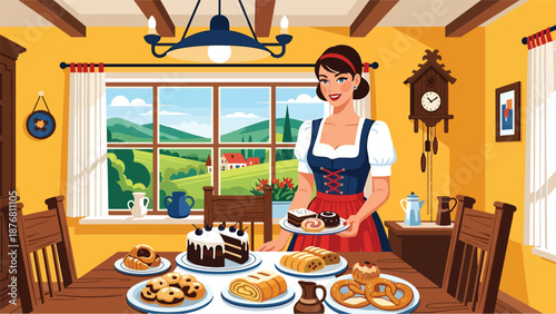 Flat vector illustration of a German woman serving homemade pastries while wearing traditional inspired clothing, hospitality and cultural lifestyle concept