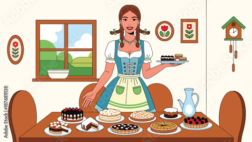 Flat vector illustration of a German woman serving homemade pastries while wearing traditional inspired clothing, hospitality and cultural lifestyle concept