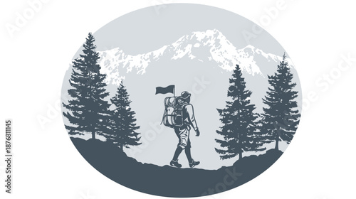 Hiker with backpack trekking in mountain landscape with pine trees. Outdoor adventure and wilderness exploration vector illustration.