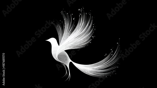 Elegant white abstract bird flying with luminous lines on a minimalist black background, artistic digital illustration