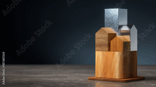 Minimalist abstract cityscape model crafted from geometric wooden and metallic blocks, symbolizing urban development and future architecture.