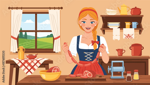 Vector illustration of a German woman preparing traditional sausages in a home kitchen, cultural cooking activity representing classic food heritage
