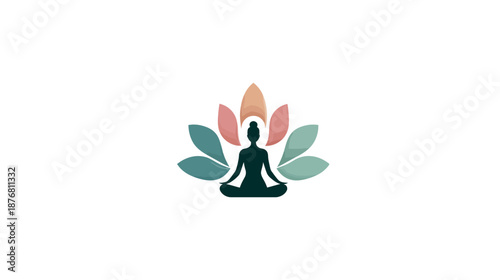 Abstract yoga meditation design with person in lotus pose and colorful petals, symbolizing wellness, peace, and mindfulness.
