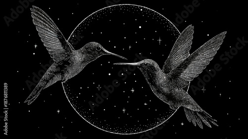Two elegant hummingbirds in a detailed etched style, facing each other against a starry cosmic circle on a dark background. Mystical wildlife illustration.