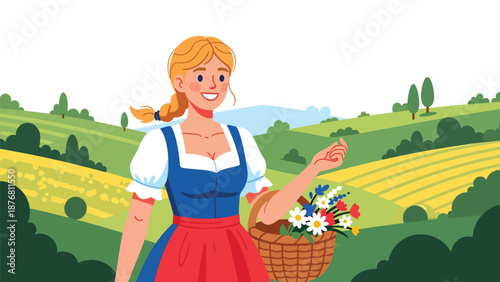 Vector illustration of a German woman walking through countryside carrying a basket, rural traditional lifestyle and cultural heritage activity