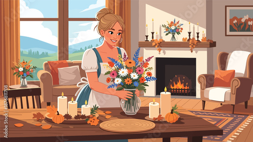 Flat vector illustration of a German woman decorating a table with candles and flowers, seasonal tradition and cozy cultural lifestyle concept
