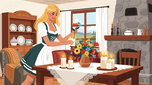 Flat vector illustration of a German woman decorating a table with candles and flowers, seasonal tradition and cozy cultural lifestyle concept