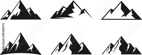 Mountain logo set, minimalist peak silhouettes, outdoor adventure emblem, nature landscape icons, hiking symbol collection, alpine illustration graphic design