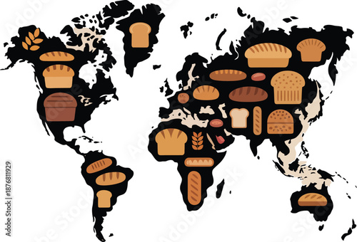 Global bread varieties illustrated on world map on white background