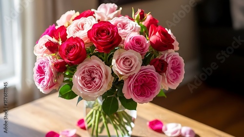 Vibrant bouquet of pink and red roses in a clear glass vase on a wooden table with scattered petals warm indoor lighting