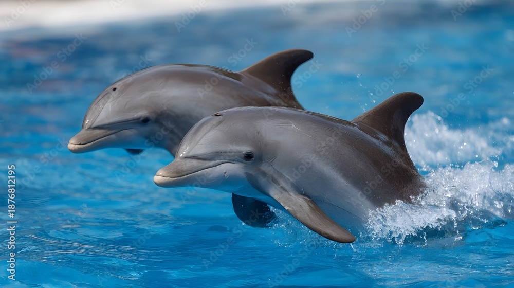 Fototapeta premium Two dolphins gracefully leap from the water in a synchronized motion creating splashes