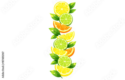 Colorful citrus fruit pattern with lemon, orange, lime slices and green leaves