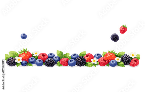 Assorted berries and leaves seamless border with flowers on white background