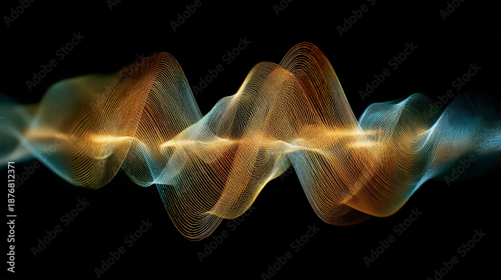 Fototapeta premium Intricate golden and blue glowing sound waves on a black background representing audio engineering and music production