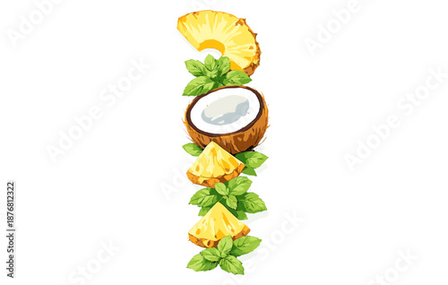 Tropical arrangement with pineapple, coconut, and mint leaves