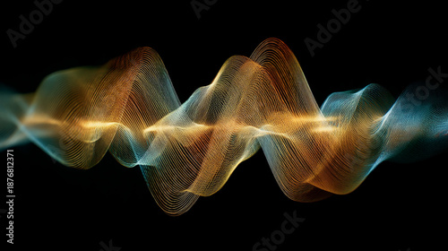 Intricate golden and blue glowing sound waves on a black background representing audio engineering and music production