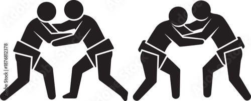 Silhouette icons of sumo wrestlers in grappling poses, representing Japanese culture, traditional martial arts, and strength.