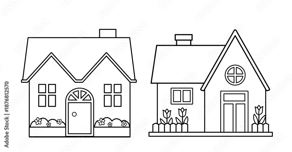 Fototapeta premium Springtime House Outline Coloring Page with Flowers. Floral Spring Home Coloring Page Template. White background.