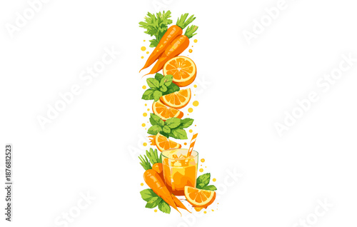 Fresh carrot and orange juice with mint leaves and bubbles