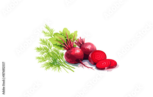 Fresh red beets with greens and slices on white background