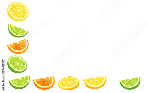 Colorful citrus frame with lemons, limes, oranges on white background