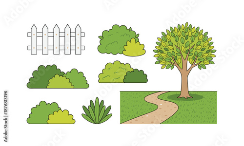 Bundle spring garden landscape elements with tree bushes and sidewalk