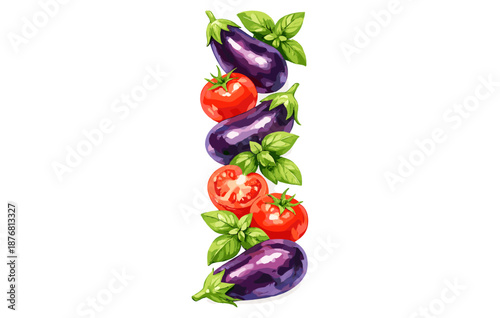 Vertical pattern of eggplants and tomatoes with fresh basil leaves